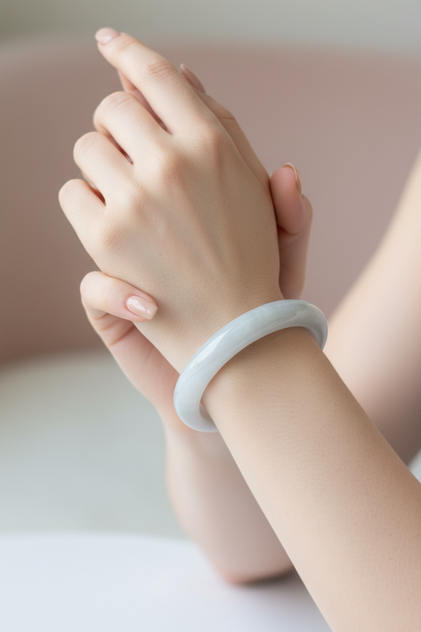 Icy lavender Burmese jadeite bangle with floating green - Luxe Jadeite