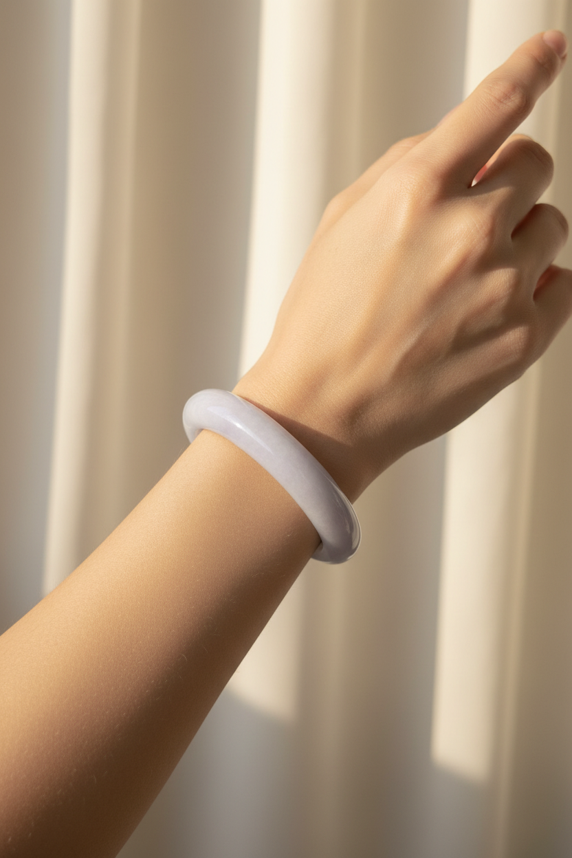 Certified Type A milky lavender Burmese jadeite bangle with a hint of green