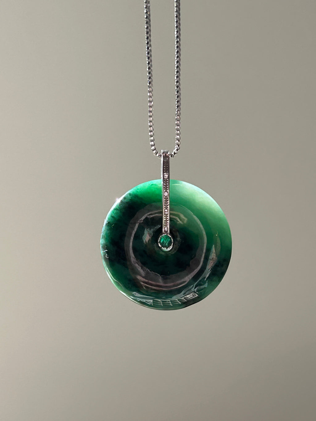 Deep green jadeite ping an kou pendant with floating wuji in sterling silver - Luxe Jadeite