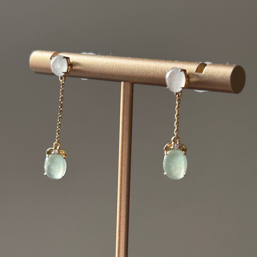 Clear and Lake Green Dangling Earrings, 18k Gold, photo 3 - Luxe Jadeite