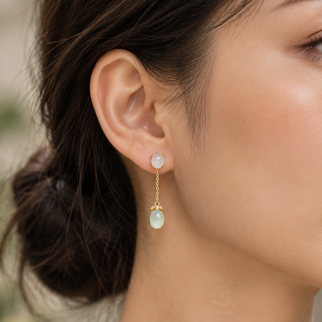 Clear and Lake Green Dangling Earrings, 18k Gold, photo 1 - Luxe Jadeite