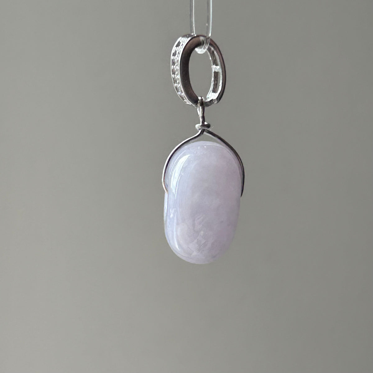 Lavender Ping An Kou - Engraved Bail on Model, photo 4 - Luxe Jadeite