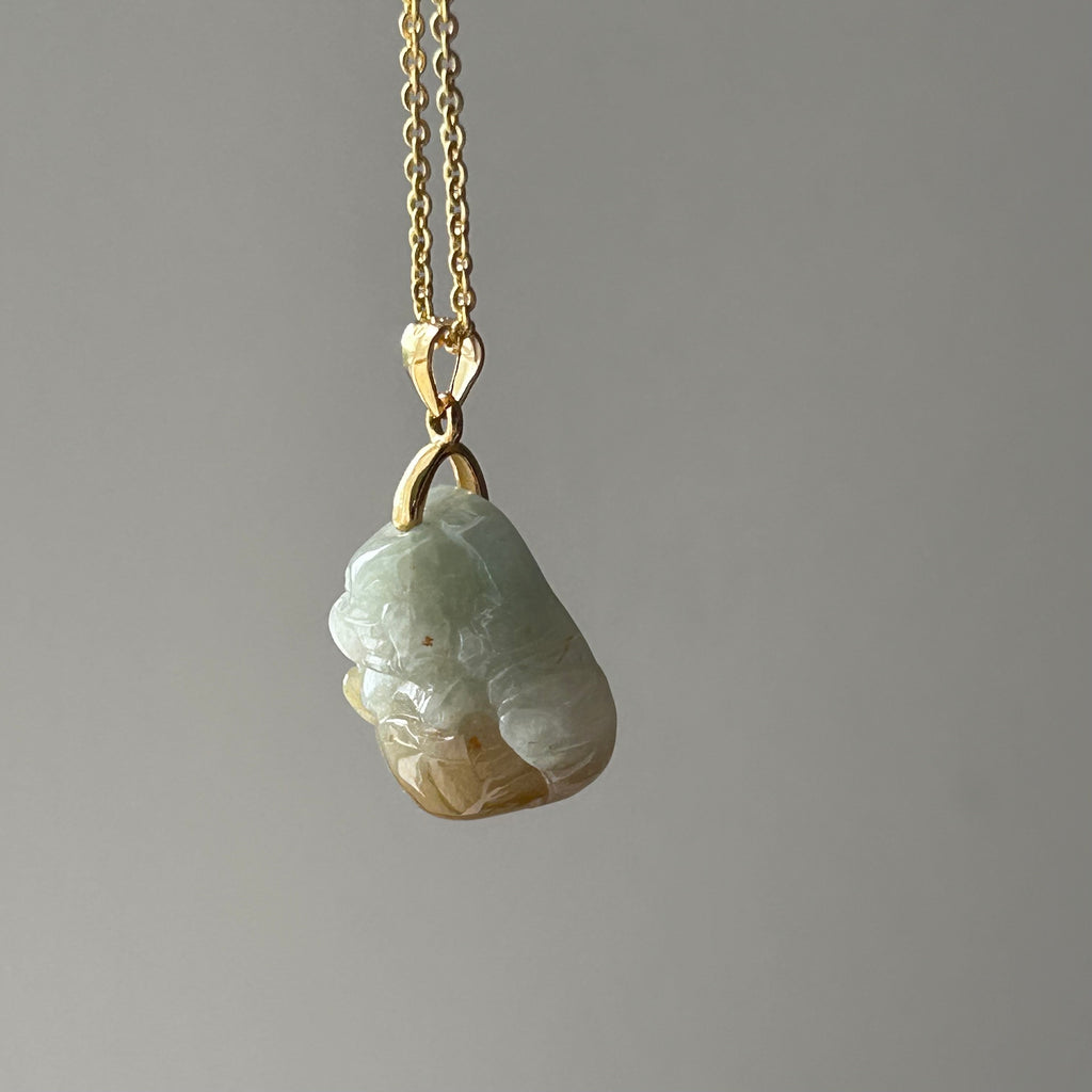 Yellow Buddha Pendant on Model, photo 4 - Luxe Jadeite