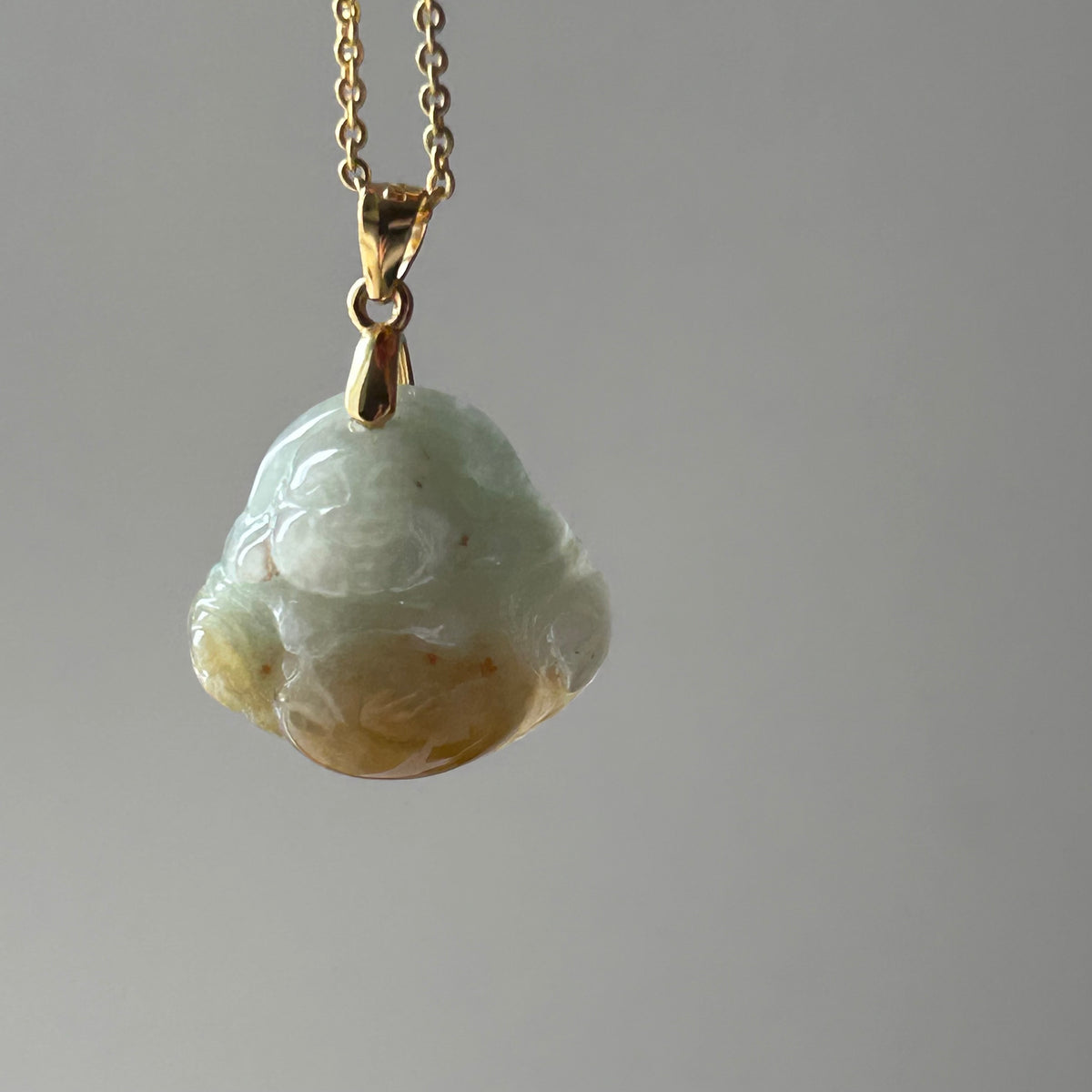 Yellow Buddha Pendant on Model, photo 3 - Luxe Jadeite