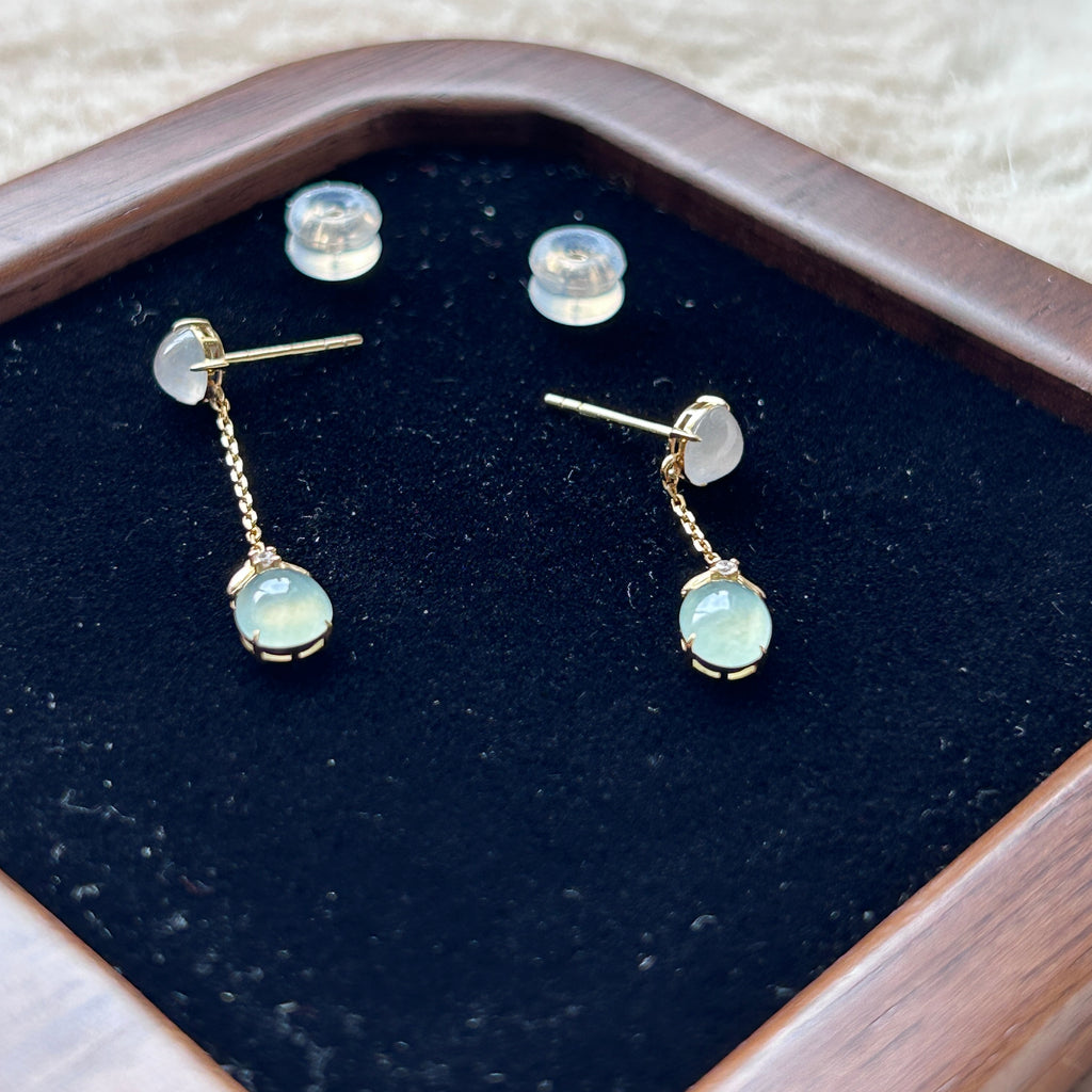 Clear and Lake Green Dangling Earrings, 18k Gold, photo 7 - Luxe Jadeite