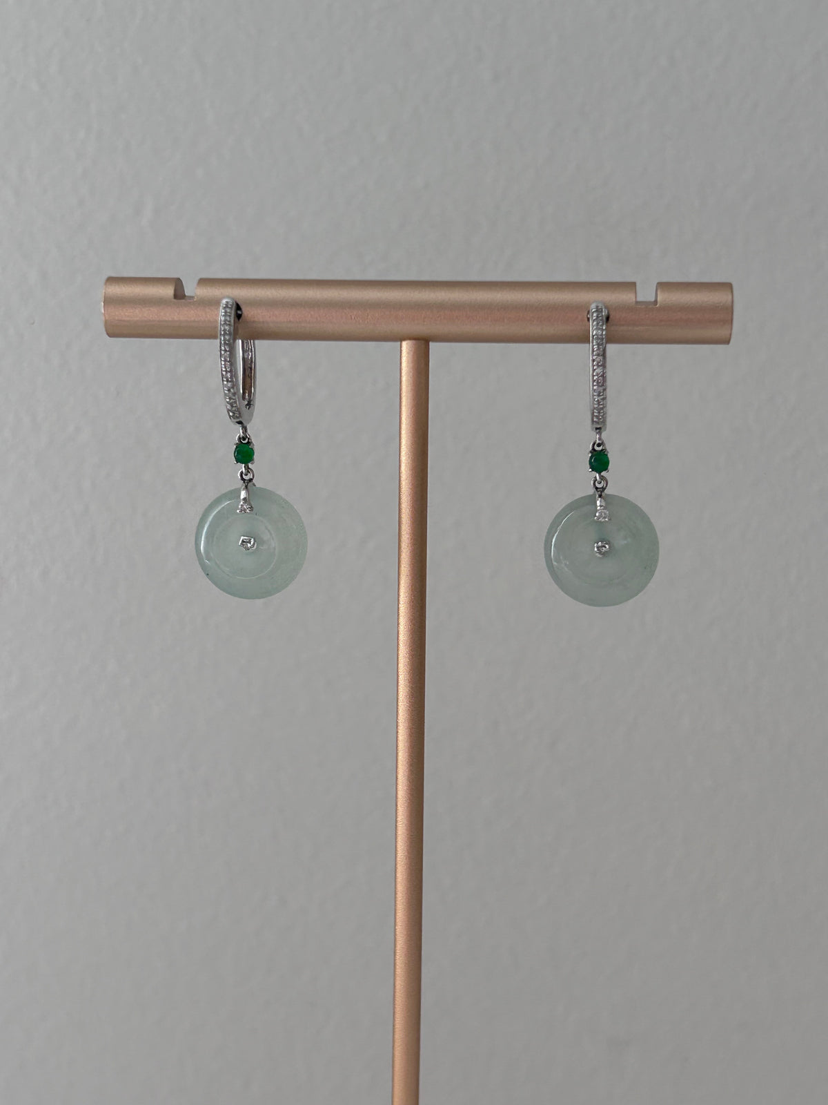 Icy Burmese jadeite donut earrings in 18k white gold with diamonds - Luxe Jadeite