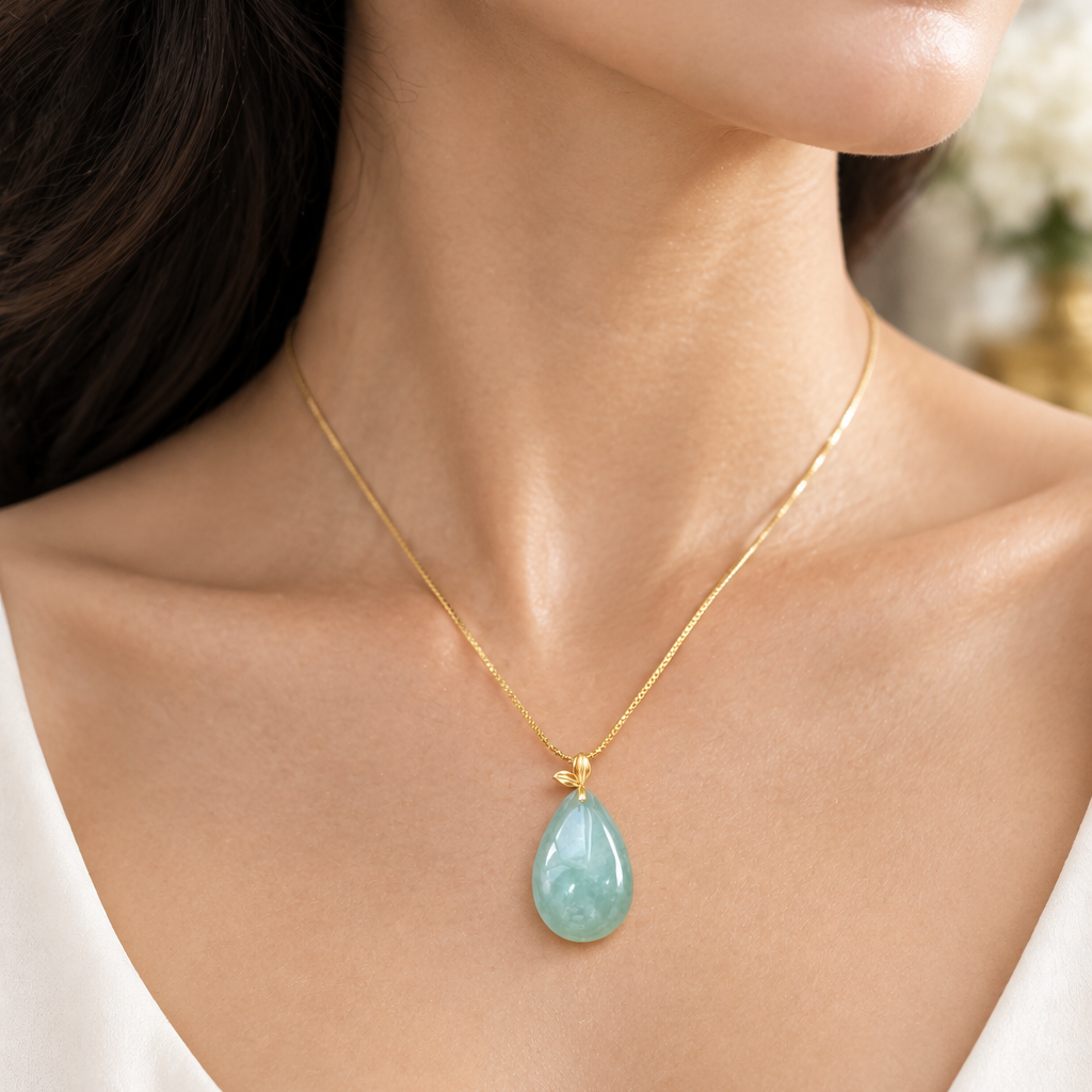 Lake Green Teardrop Pendant, 18k Gold, photo 1 - Luxe Jadeite