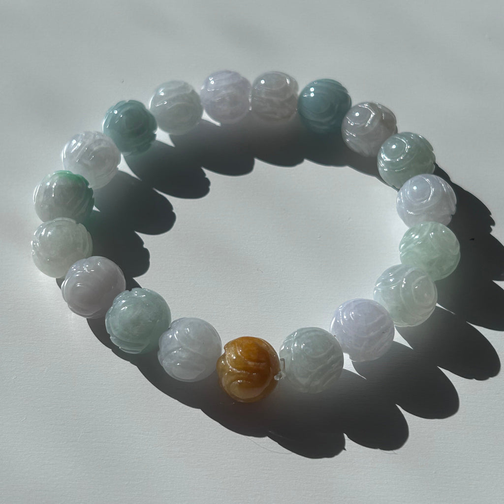 Carved lotus multi-colour Burmese jadeite bead bracelet, photo 7 - Luxe Jadeite