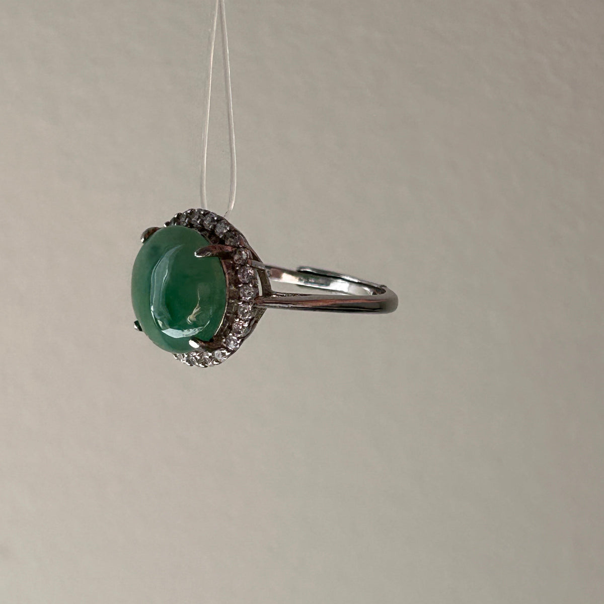 Apple green Burmese jade cabochon ring in sterling silver with moissanite - Luxe Jadeite
