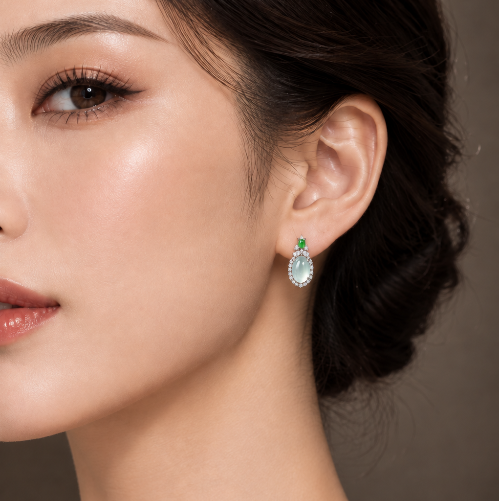 Icy Sky Blue Green Stud Earrings, Sterling Silver, photo 1 - Luxe Jadeite