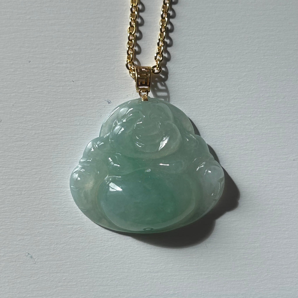 Apple Green Buddha Pendant - Lighter Colour on Model, photo 6 - Luxe Jadeite