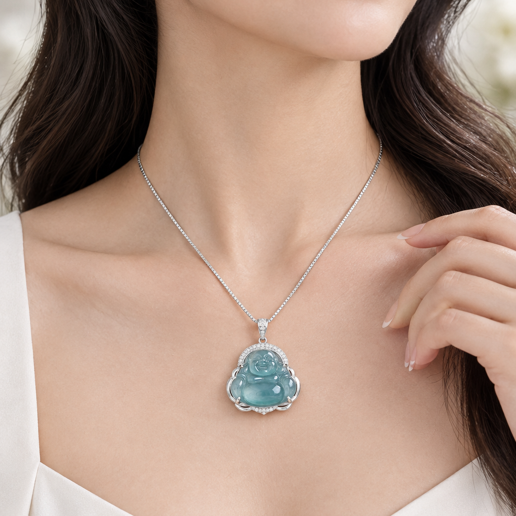 Bluey Green - Guatamalan Buddha Pendant, Sterling Silver, photo 1 - Luxe Jadeite