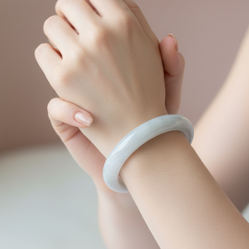 Icy lavender Burmese jadeite bangle with floating green, 57.6mm - Luxe Jadeite