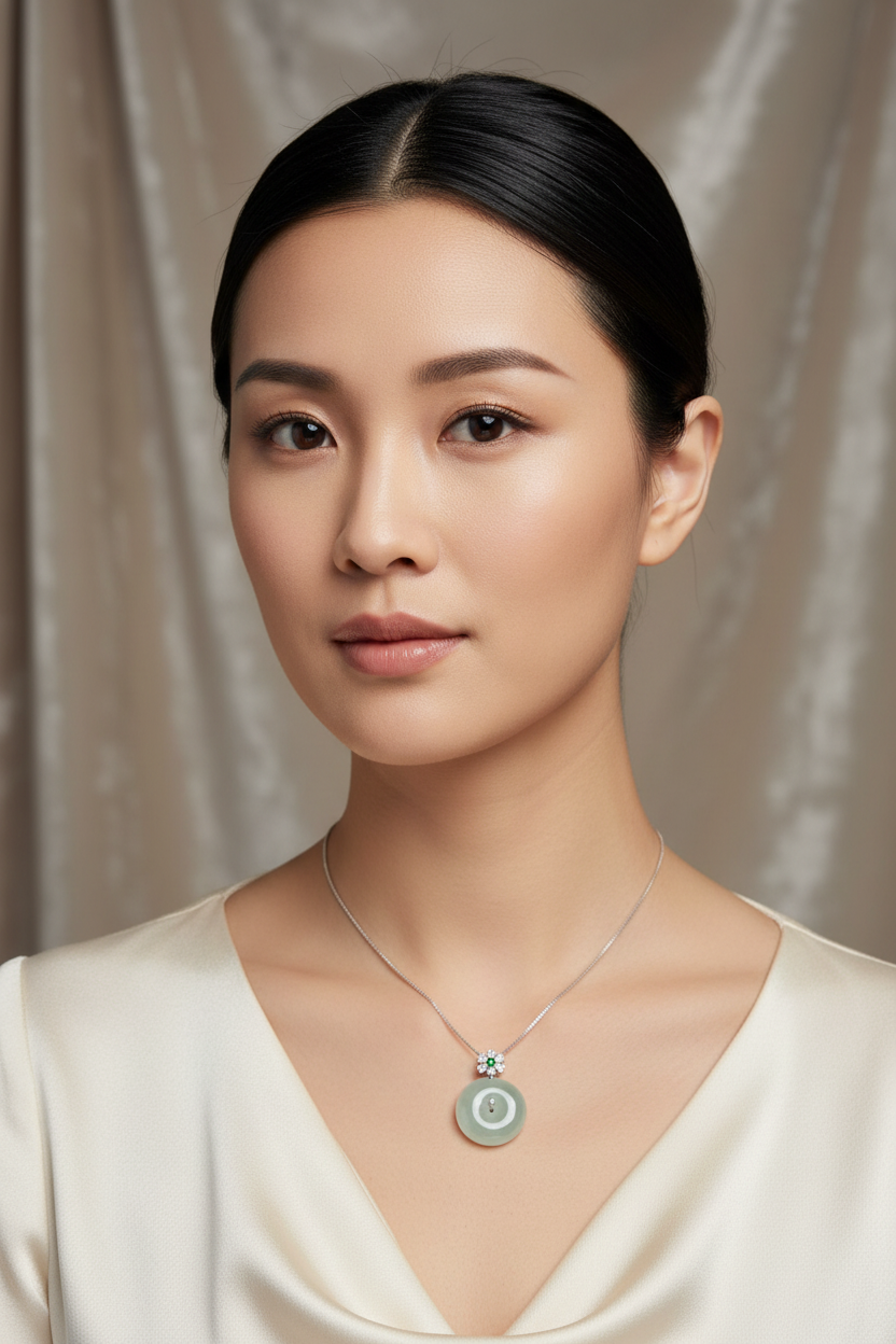 Icy ping an kou jadeite pendant in 18k white gold with moissanite - Luxe Jadeite