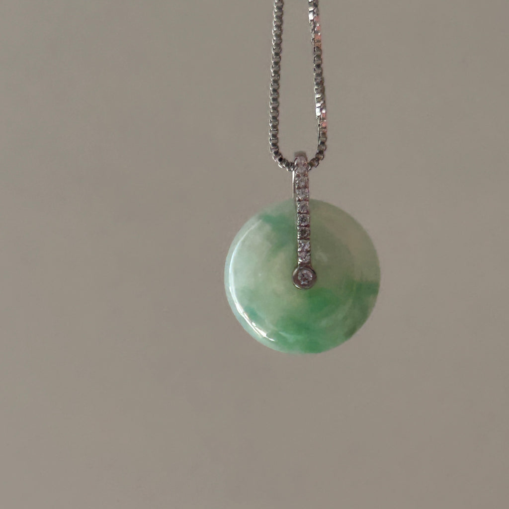 Floating Apple Green Ping An Kou Pendant, Sterling Silver, photo 7 - Luxe Jadeite