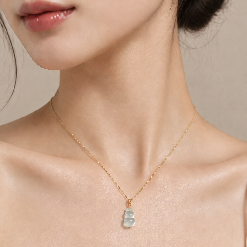 Glassy White Pale Green Mini Hulu Pendant, 18k Gold, photo 1 - Luxe Jadeite