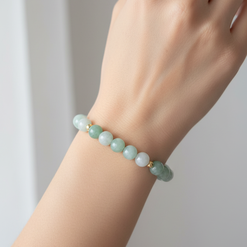 White to green Burmese jadeite bead bracelet with 9k gold - Luxe Jadeite