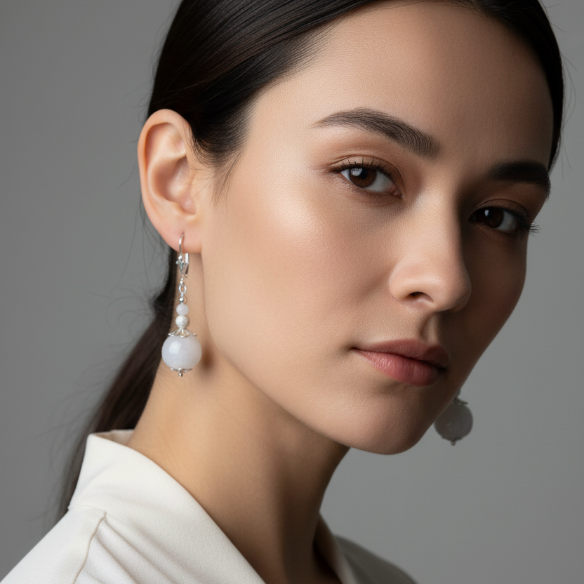 Fancy Burmese jadeite beads drop earrings in sterling silver - Luxe Jadeite