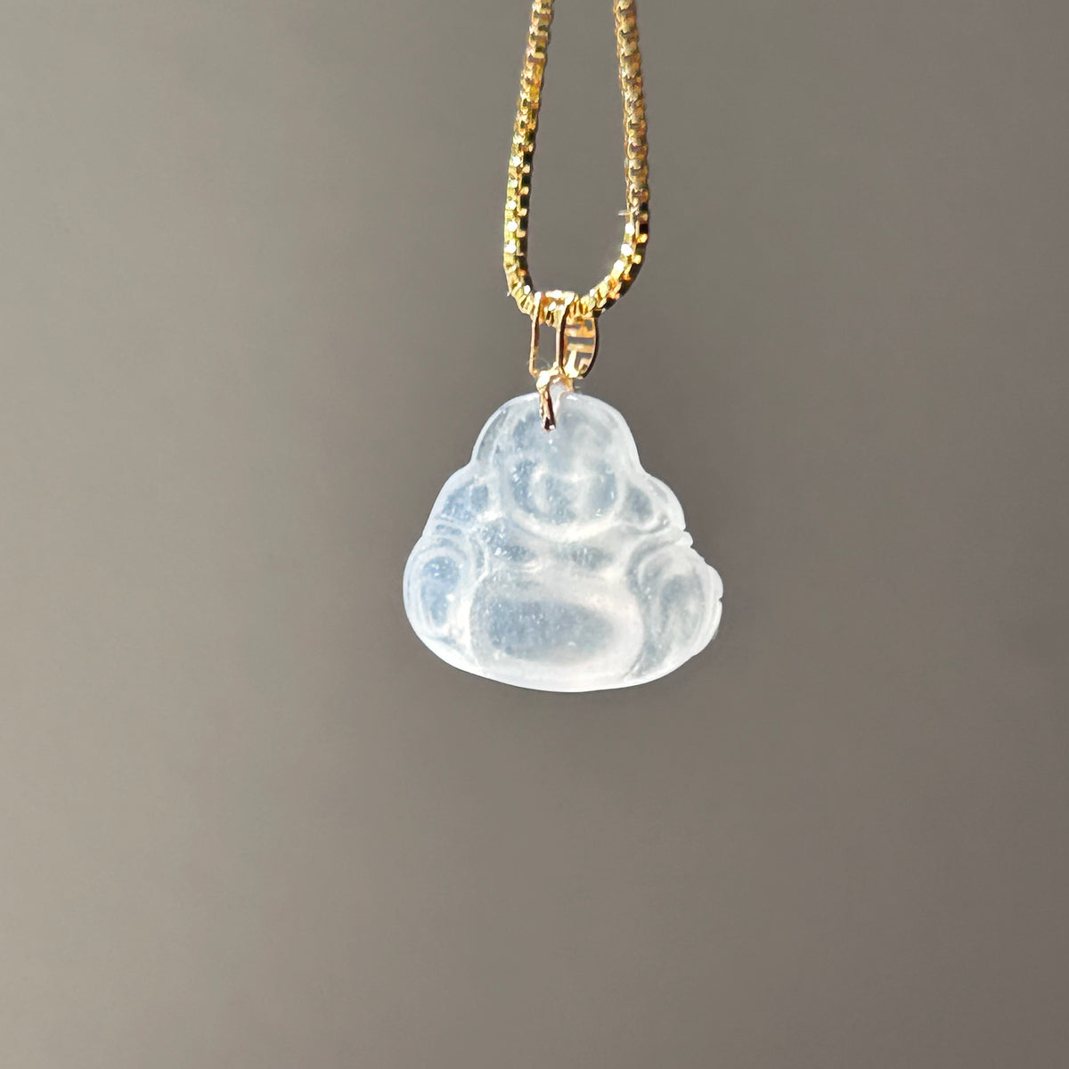 Icy Water Clear White Buddha Pendant, 18k Gold, photo 5 - Luxe Jadeite