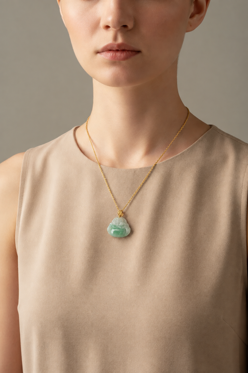 Apple green jade Laughing Buddha pendant in gold-plated sterling silver, video 2, photo 1 - Luxe Jadeite
