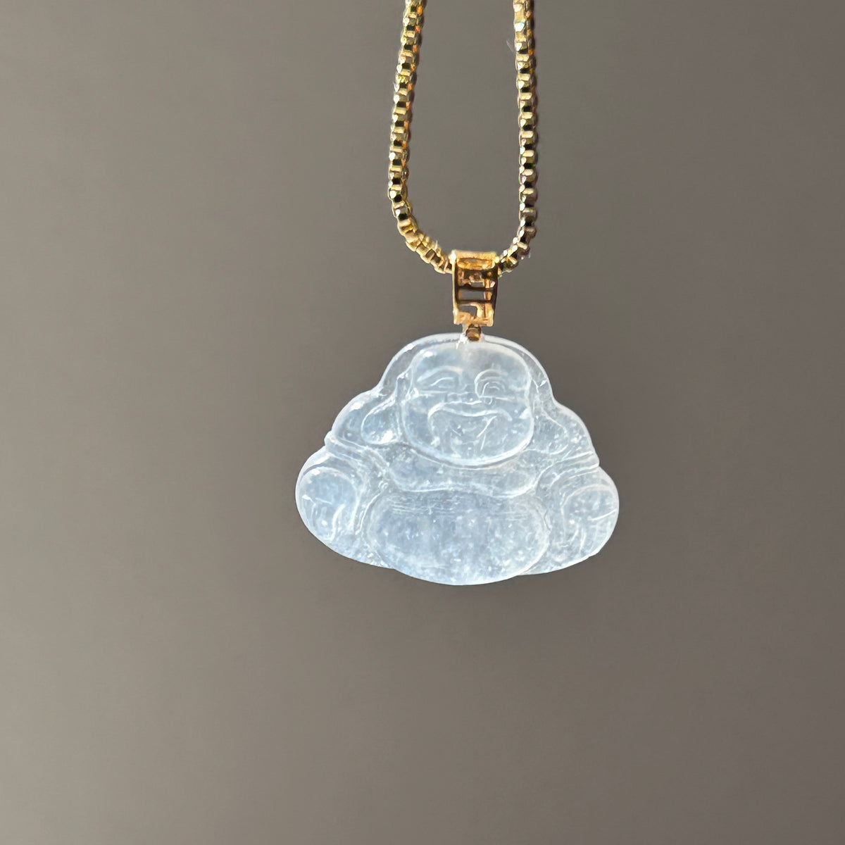 Icy Water Clear White Buddha Pendant, 18k Gold, photo 3 - Luxe Jadeite