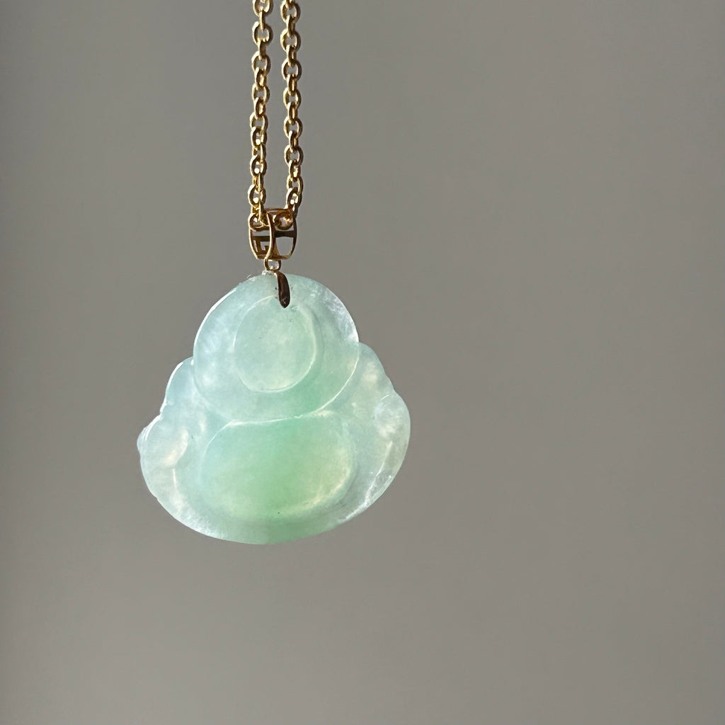 Apple Green Buddha Pendant - Lighter Colour on Model, photo 4 - Luxe Jadeite