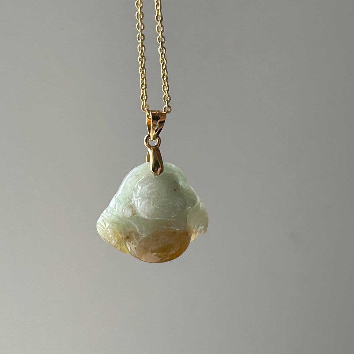 Yellow Buddha Pendant on Model, photo 5 - Luxe Jadeite