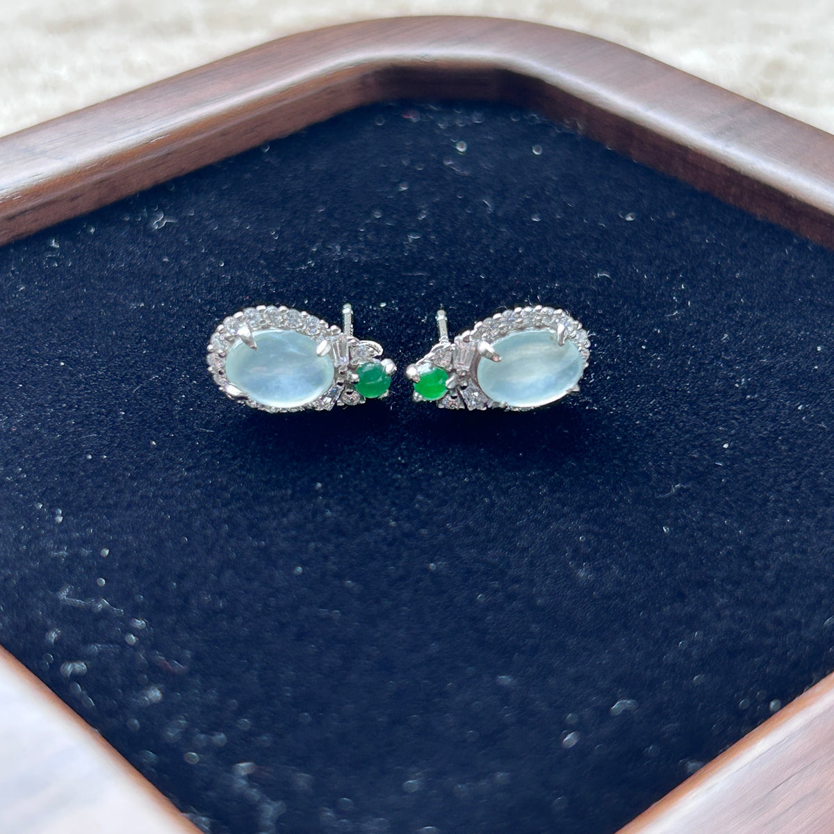 Icy Sky Blue Green Stud Earrings, Sterling Silver, photo 5 - Luxe Jadeite