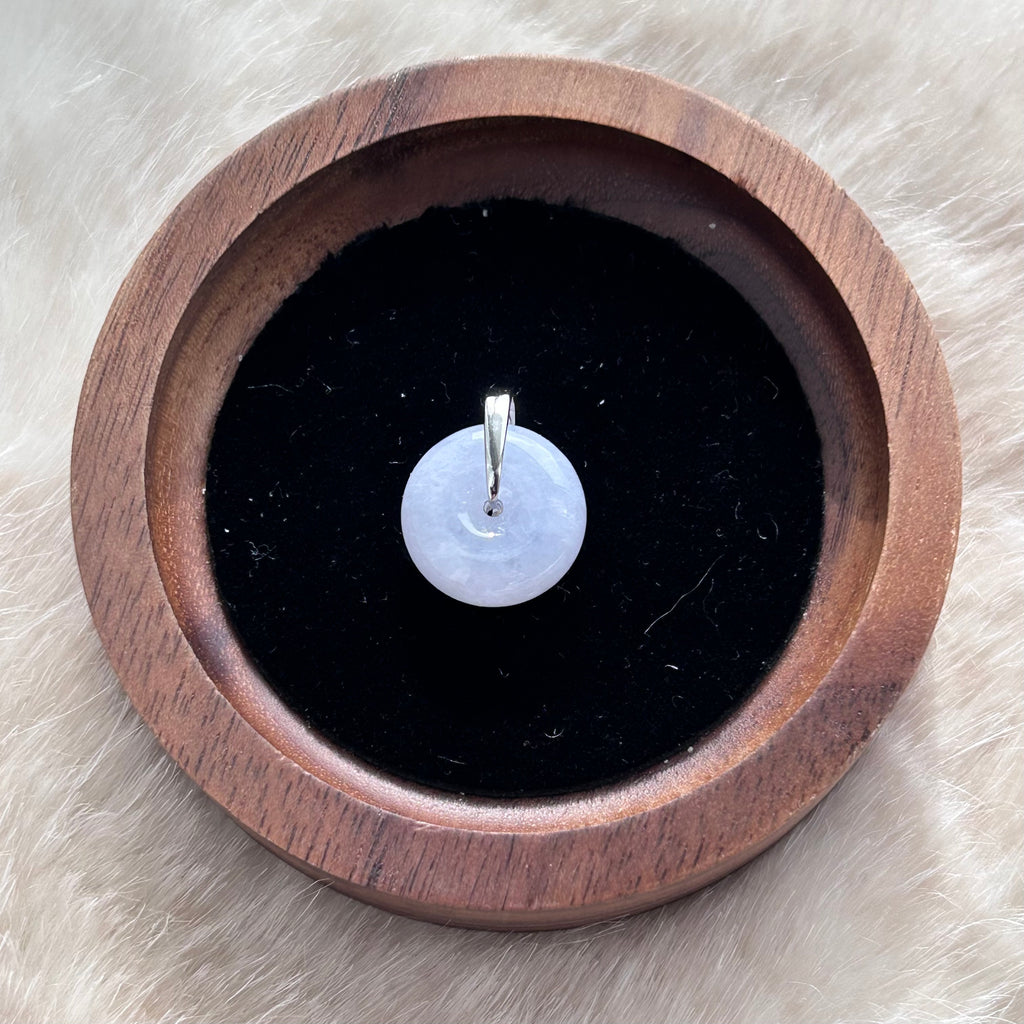 Lavender Ping An Kou Pendant on Model, photo 5 - Luxe Jadeite