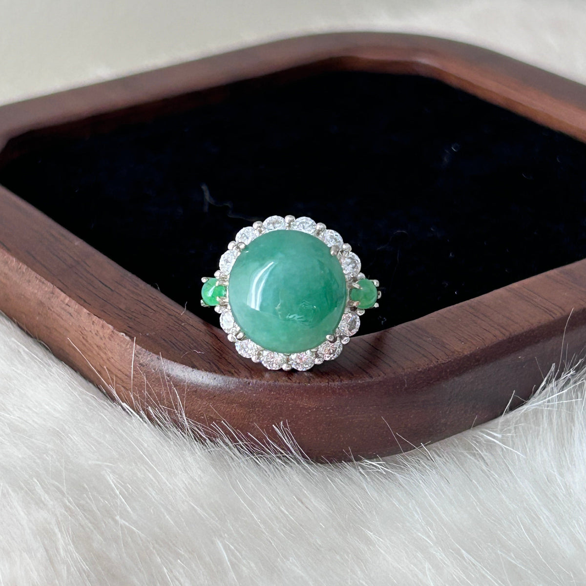 Apple green Burmese jade cabochon ring in sterling silver with moissanite - Luxe Jadeite