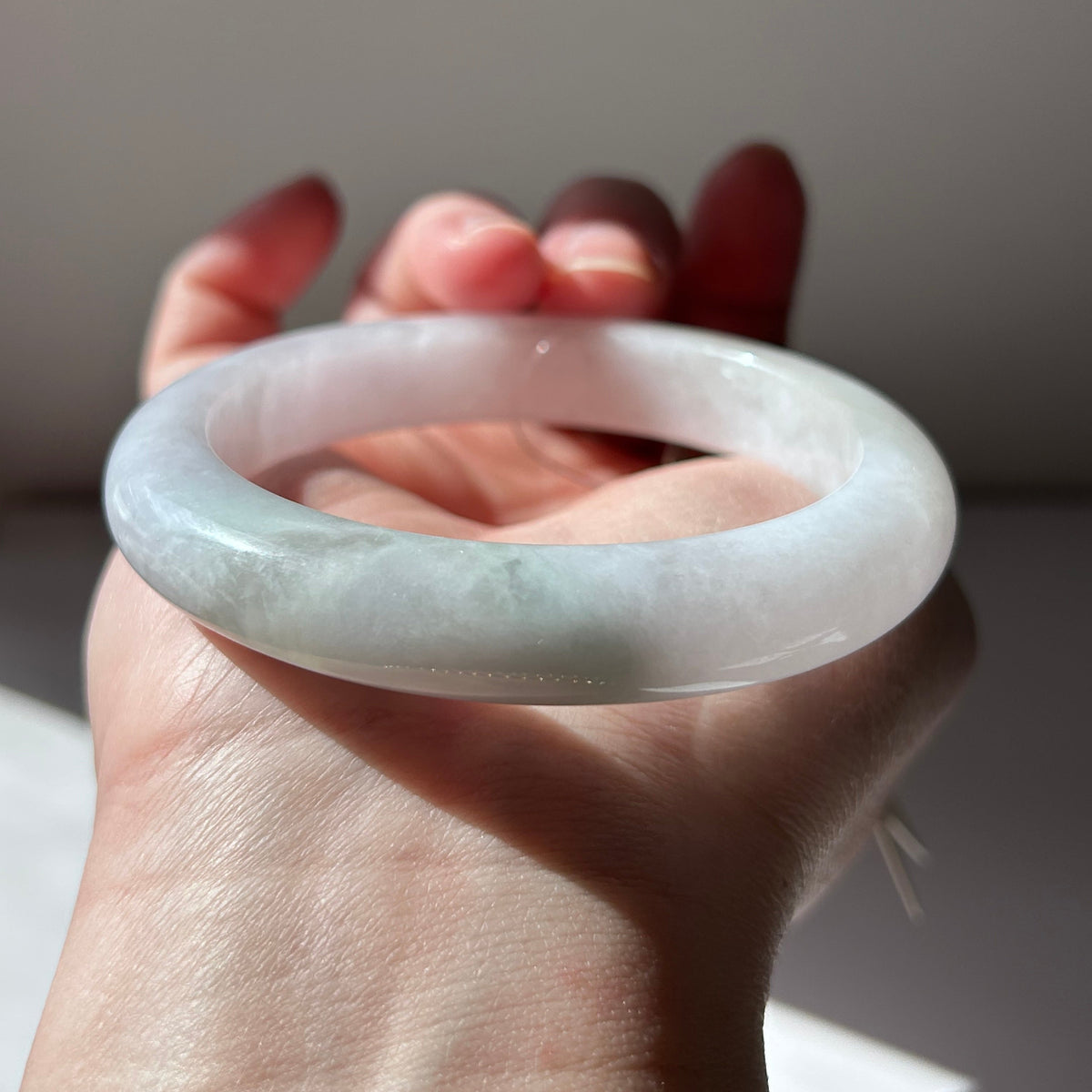 Icy lavender Burmese jadeite bangle with floating green, 57.6mm - Luxe Jadeite