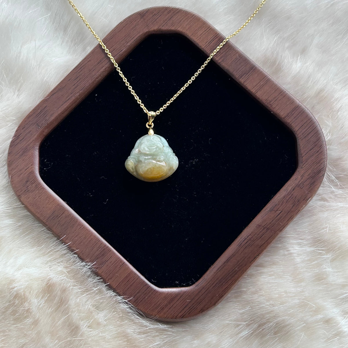 Yellow Buddha Pendant on Model, photo 6 - Luxe Jadeite