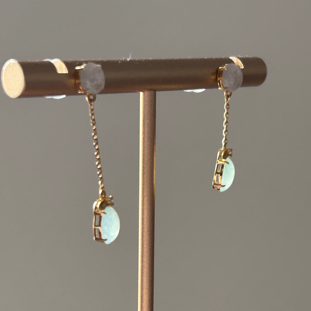 Clear and Lake Green Dangling Earrings, 18k Gold, photo 4 - Luxe Jadeite