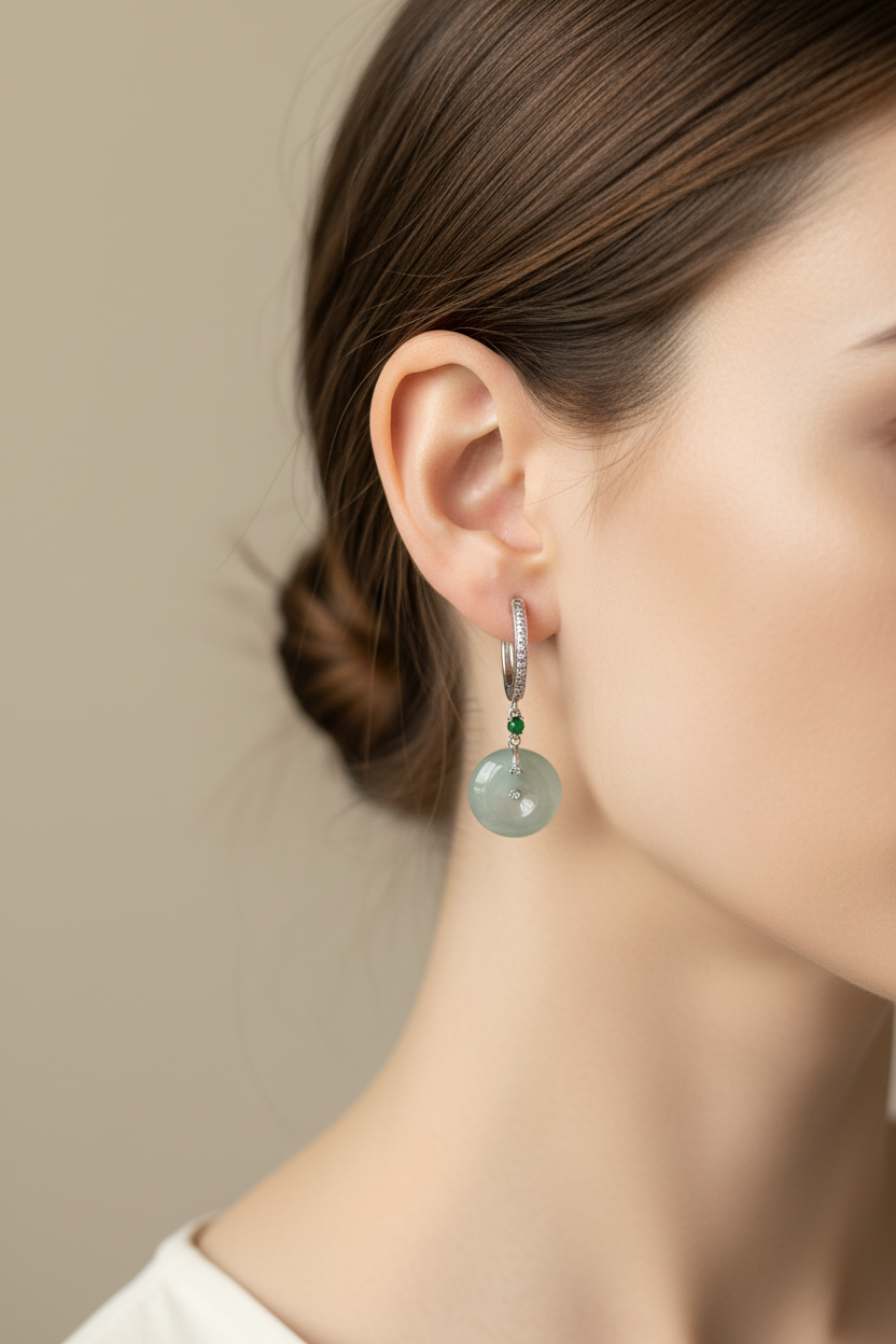Icy Burmese jadeite donut earrings in 18k white gold with diamonds - Luxe Jadeite