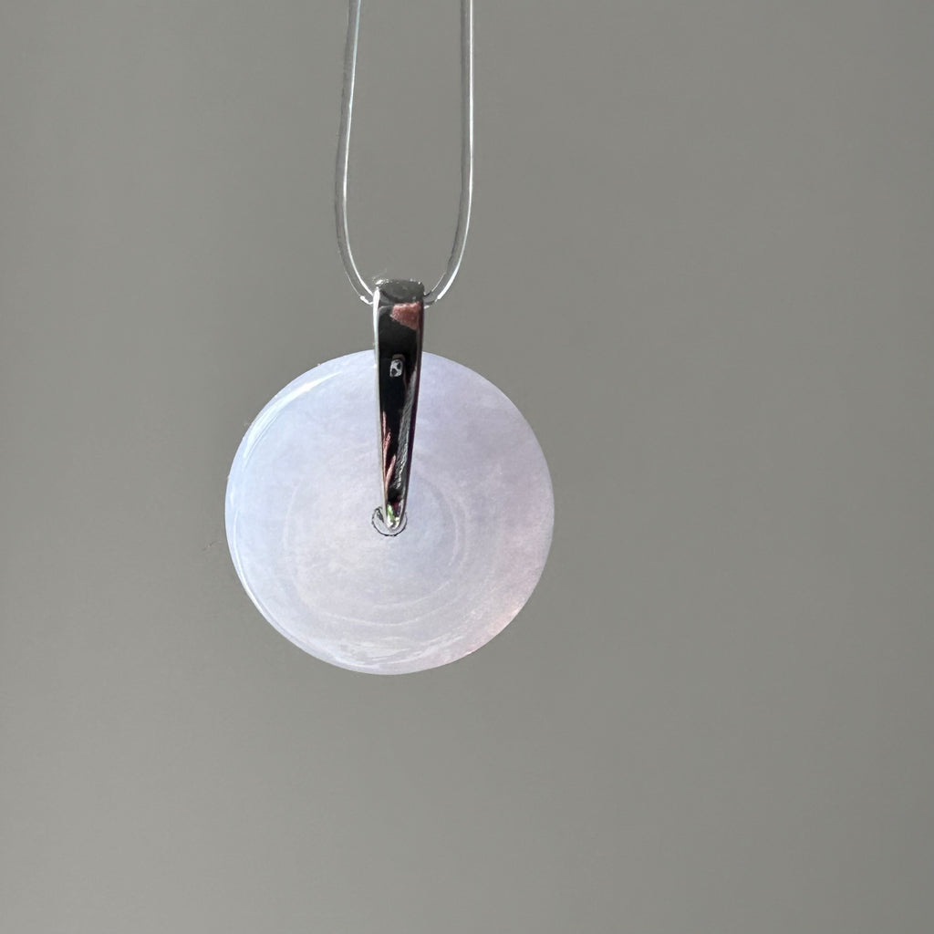 Lavender Ping An Kou Pendant on Model, photo 3 - Luxe Jadeite