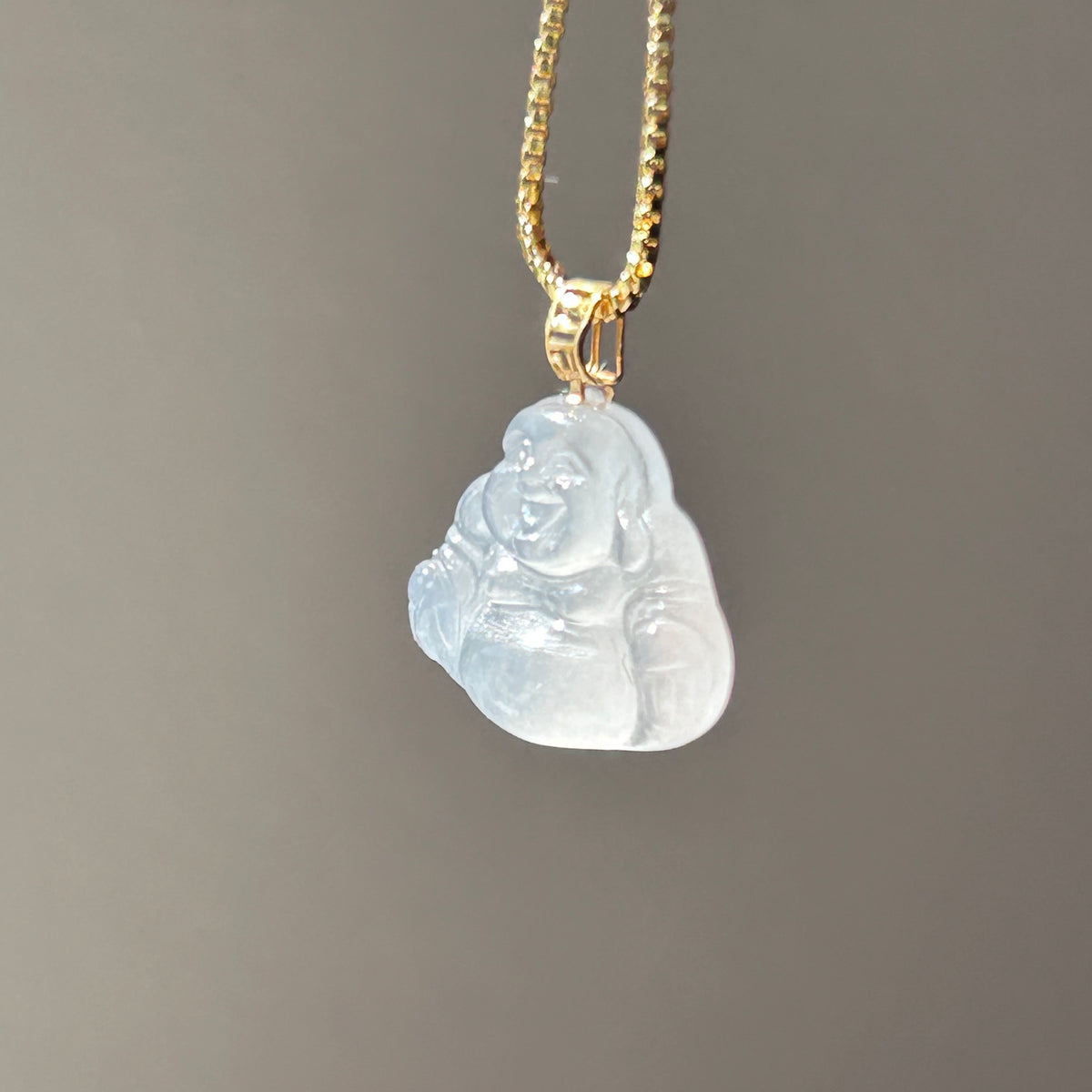 Icy Water Clear White Buddha Pendant, 18k Gold, photo 4 - Luxe Jadeite