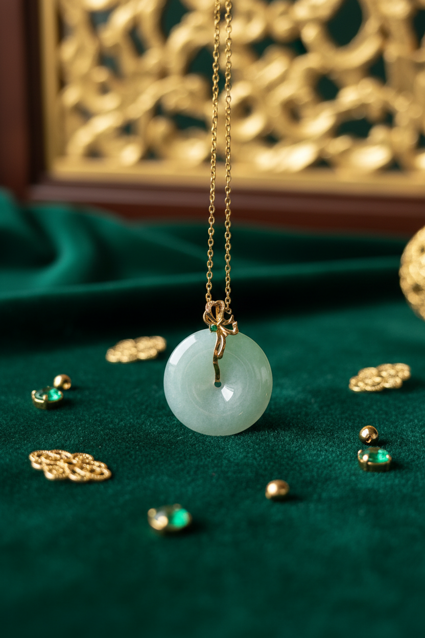 Apple green ping an kou jadeite pendant in 18k gold - Luxe Jadeite
