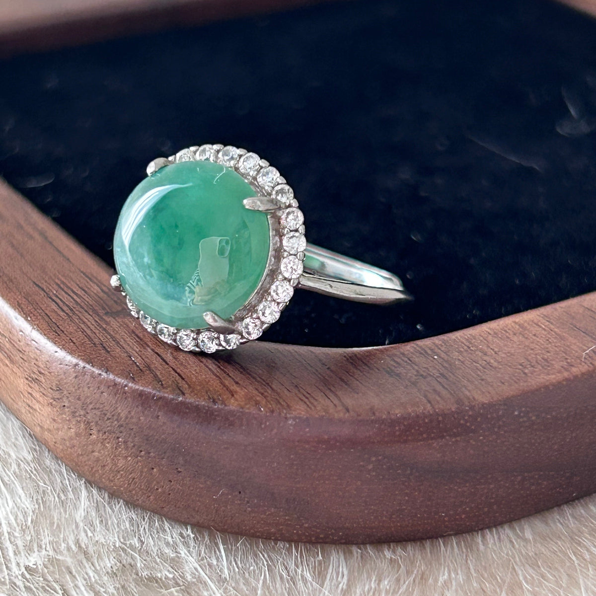 Apple green Burmese jade cabochon ring in sterling silver with moissanite - Luxe Jadeite