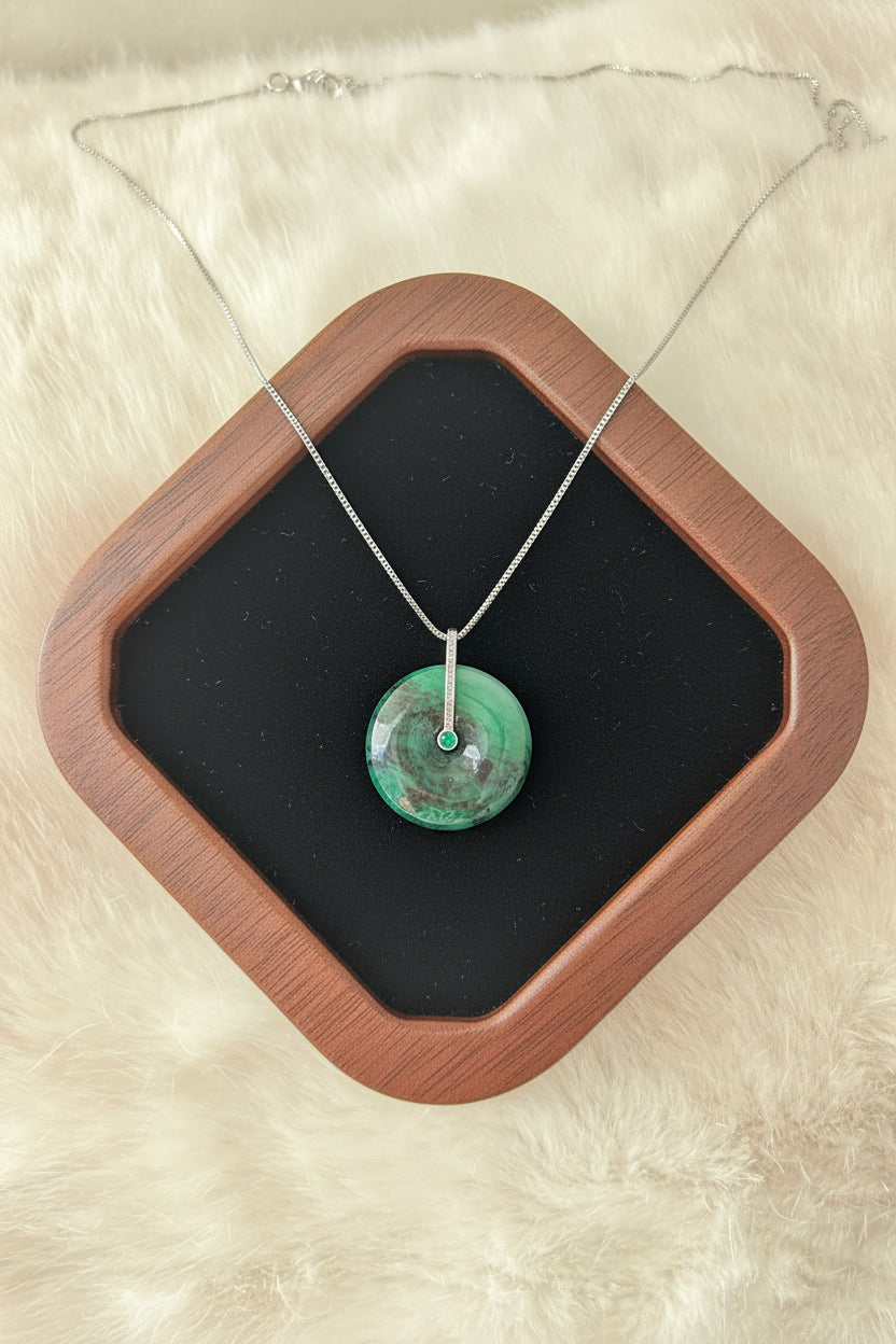 Deep green jadeite ping an kou pendant with floating wuji in sterling silver - Luxe Jadeite