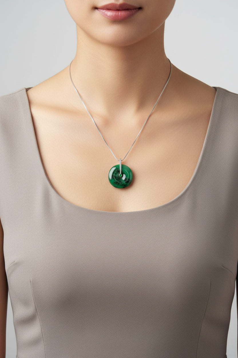 Deep green jadeite ping an kou pendant with floating wuji in sterling silver - Luxe Jadeite