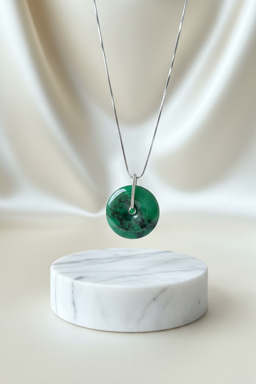 Deep green jadeite ping an kou pendant with floating wuji in sterling silver - Luxe Jadeite