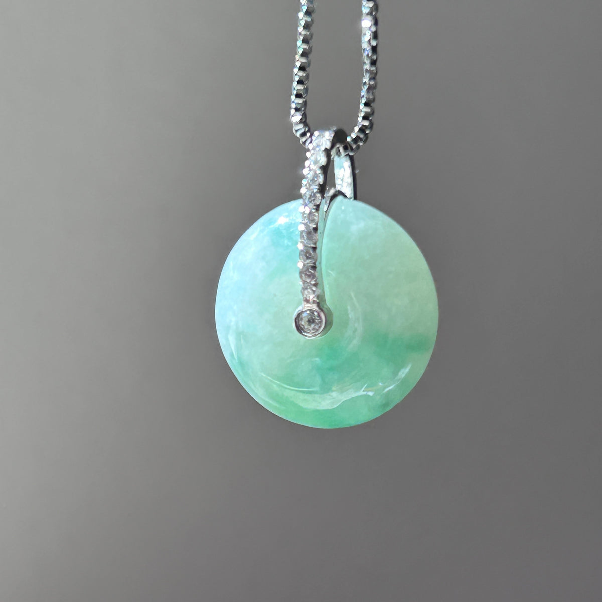 Floating Apple Green Ping An Kou Pendant, Sterling Silver, photo 3 - Luxe Jadeite
