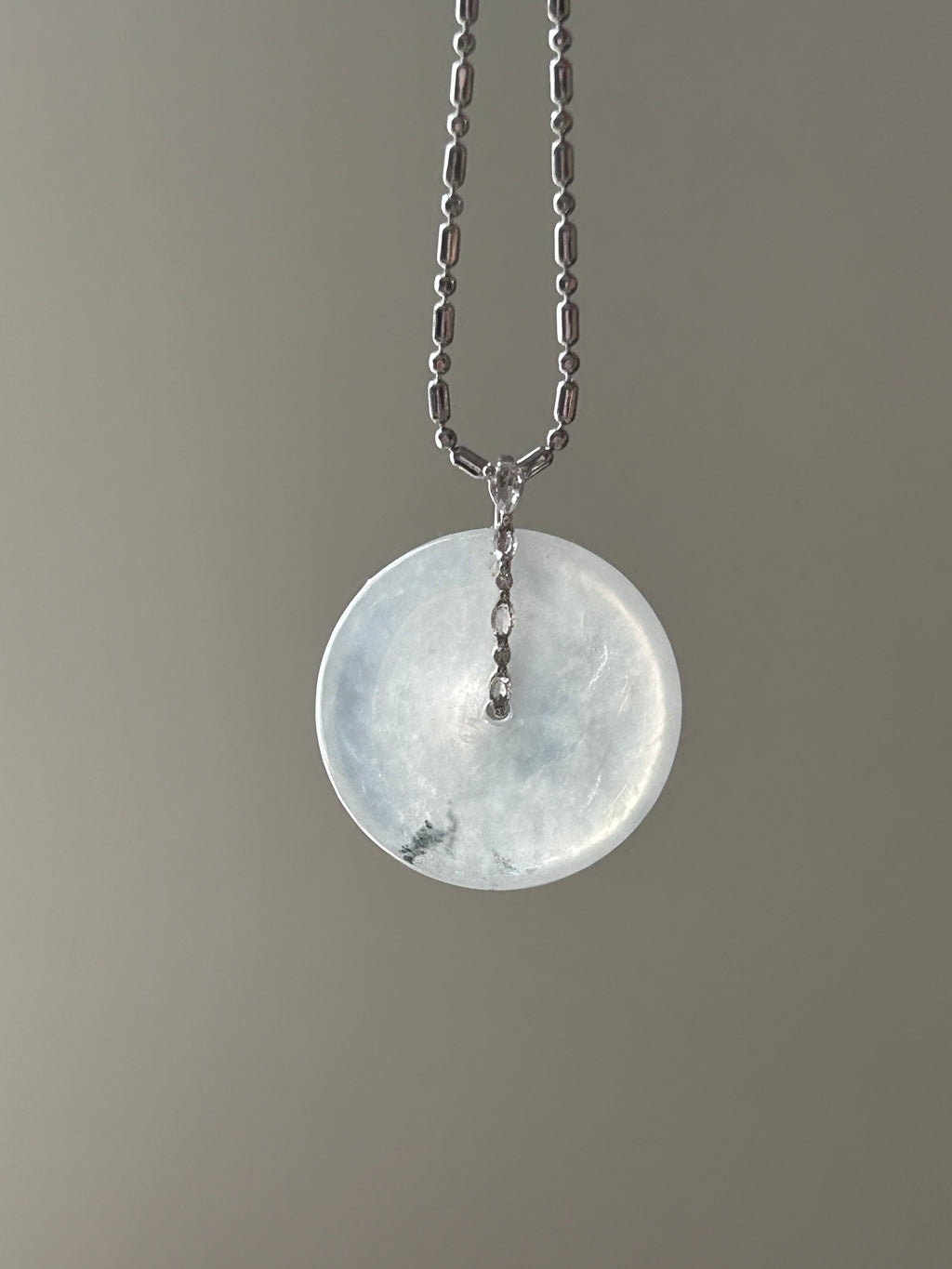 Icy white jadeite ping an kou pendant with floating wuji in 18k gold - Luxe Jadeite