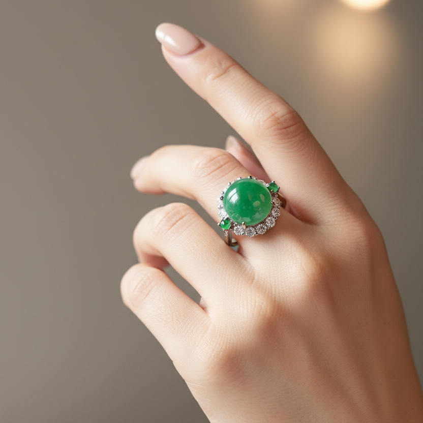 Apple green jade cabochon ring in sterling silver with moissanite - Luxe Jadeite
