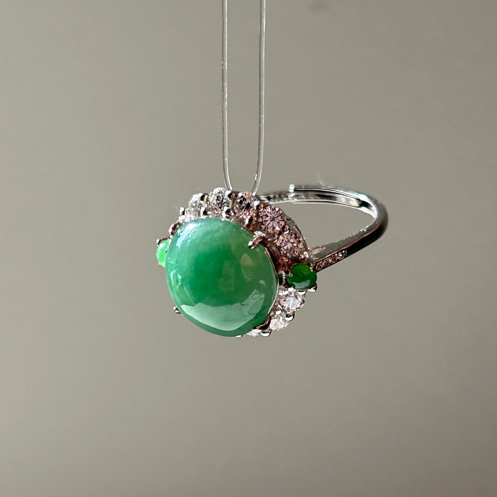 Apple green jade cabochon ring in sterling silver with moissanite - Luxe Jadeite