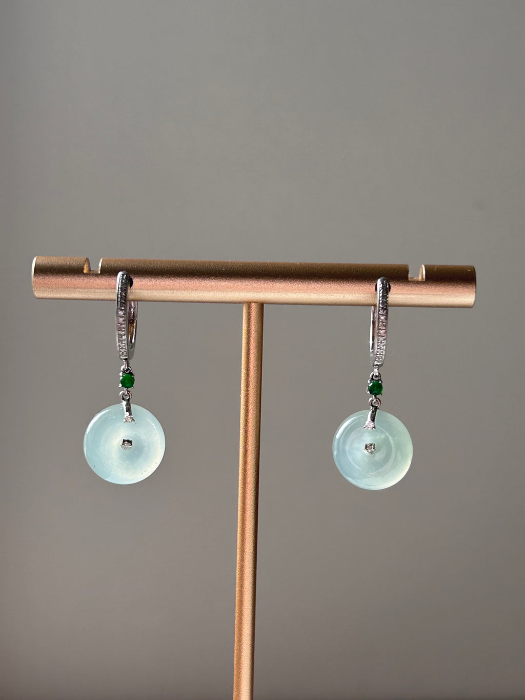 Icy Burmese jadeite donut earrings in 18k white gold with diamonds - Luxe Jadeite