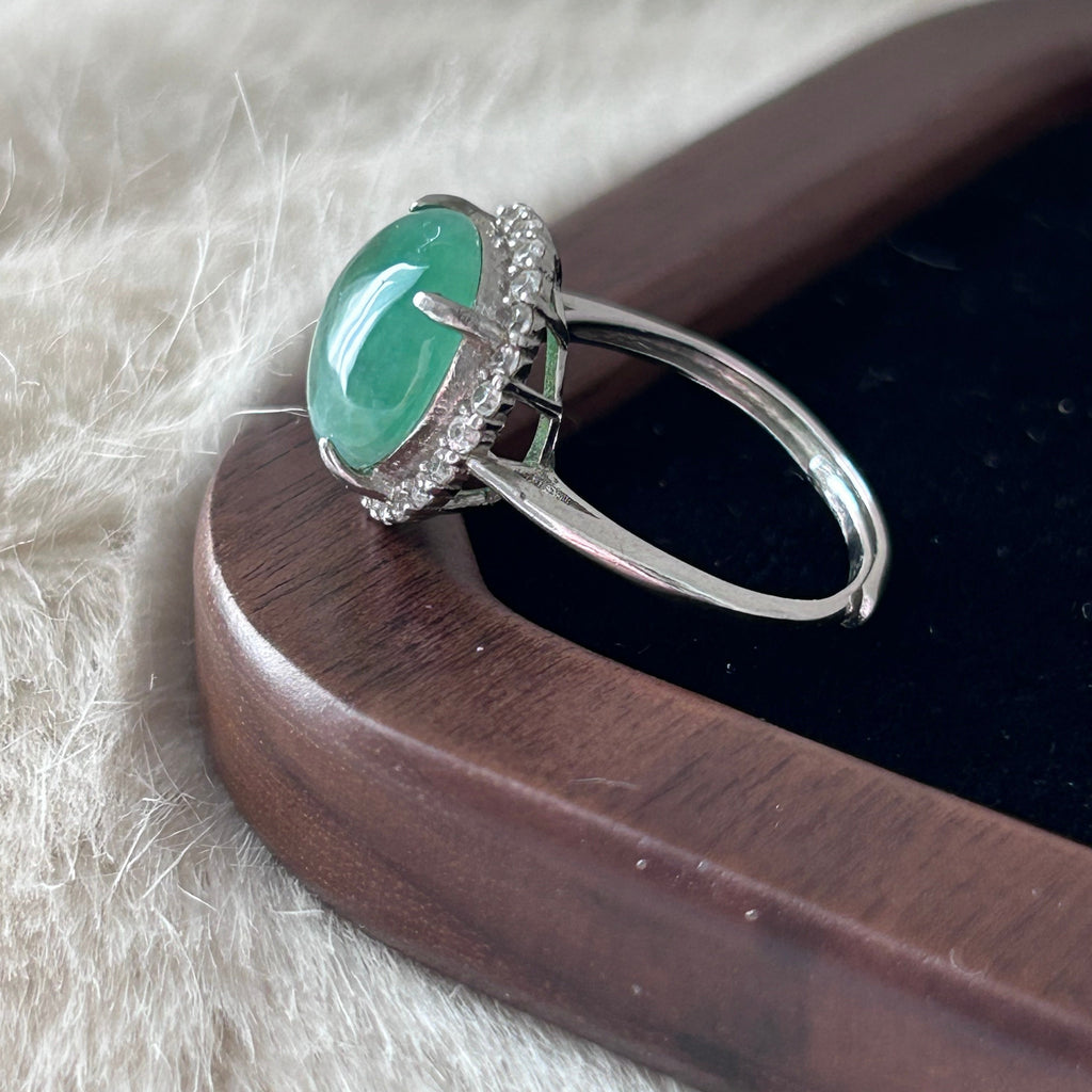 Apple green Burmese jade cabochon ring in sterling silver with moissanite - Luxe Jadeite