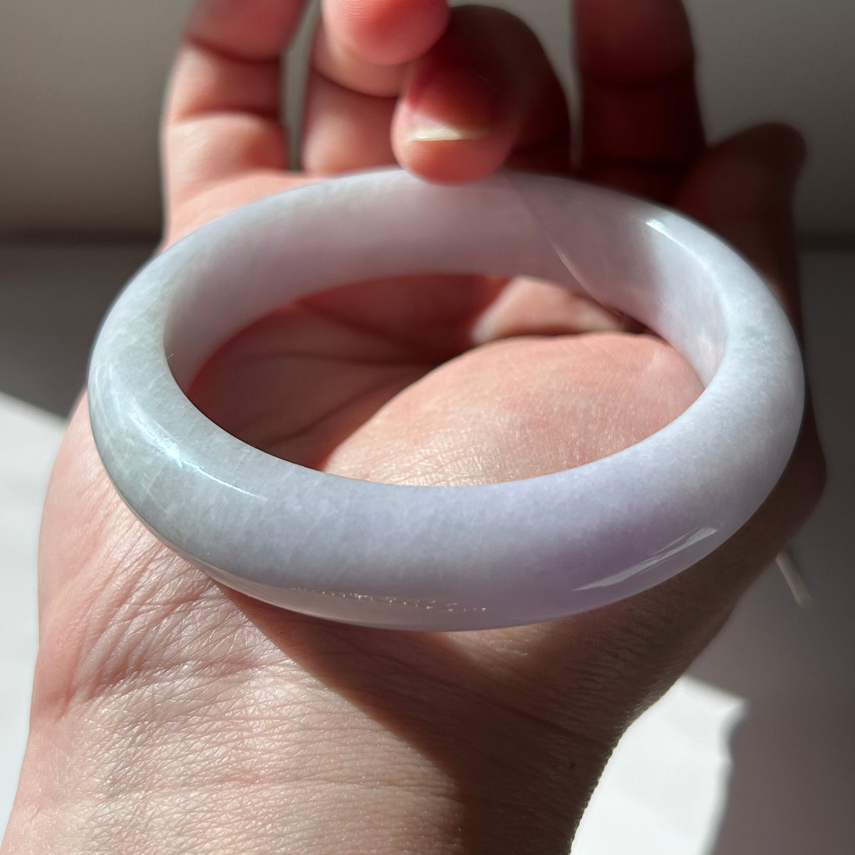 Milky lavender Burmese jadeite bangle with hint of green, 57.6mm - Luxe Jadeite