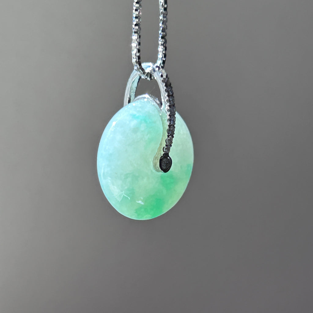 Floating Apple Green Ping An Kou Pendant, Sterling Silver, photo 5 - Luxe Jadeite