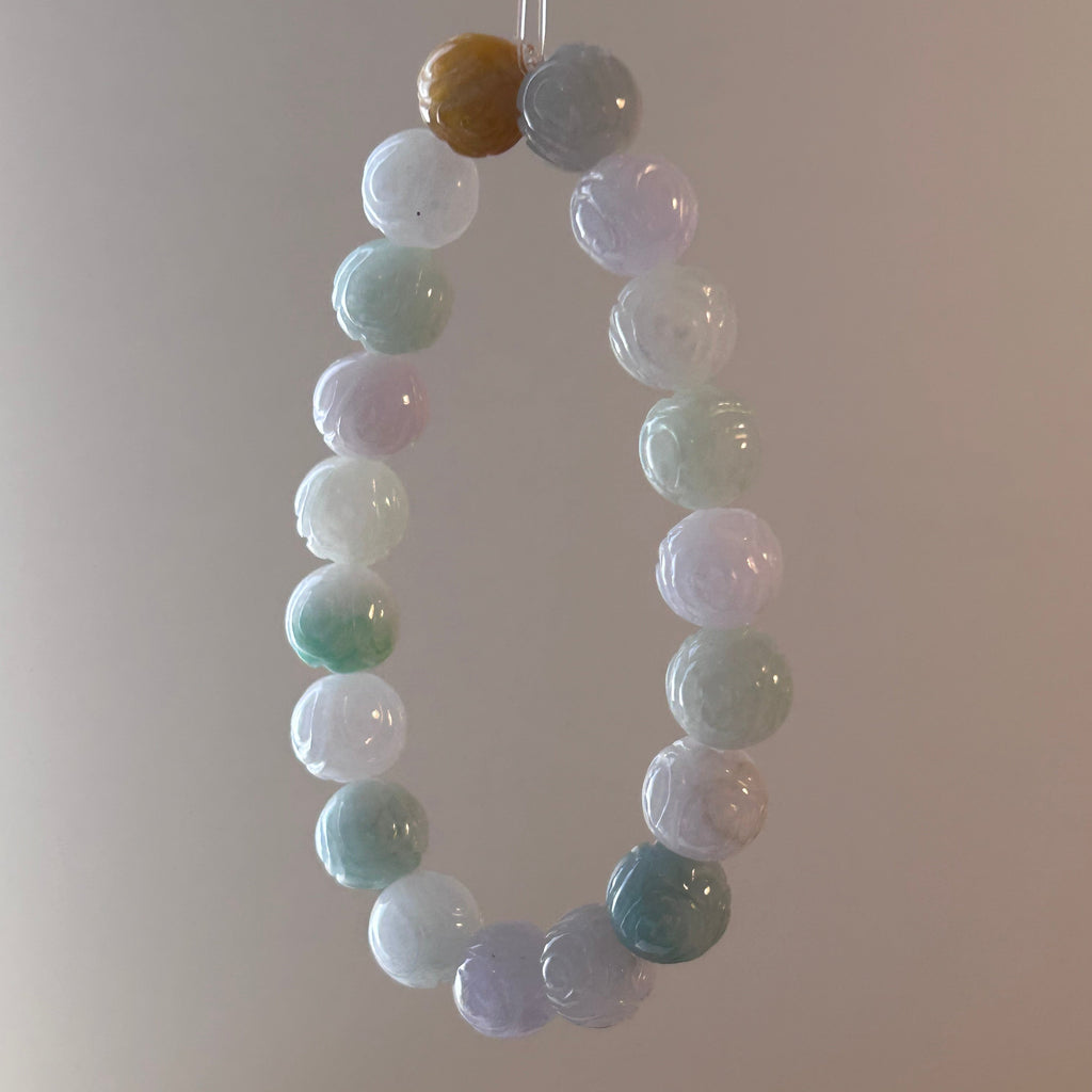 Carved lotus multi-colour Burmese jadeite bead bracelet - Luxe Jadeite